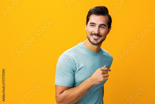 Man lifestyle portrait studio background trendy gesture smiling fashion