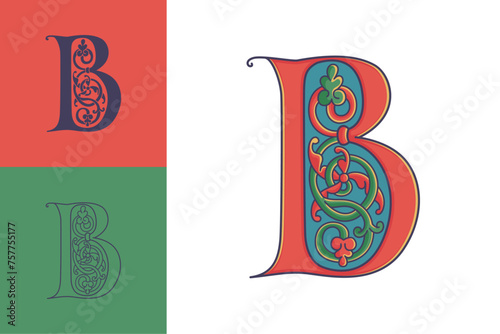 Letter B initial with trailing vines of thistle plant. Medieval blackletter drop cap based on Bohemian manuscript. Romanesque style dim colors illuminated emblem. Decorative wax seal monogram logo.