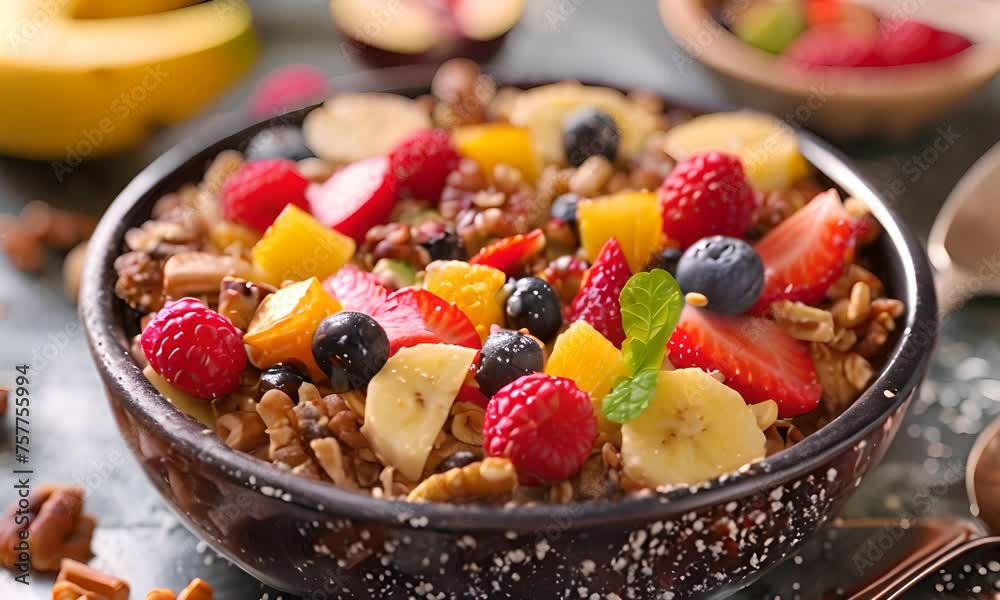 Fruit salad with nuts in a black bowl. The concept of a healthy snack. Fruit salad with nuts in a black bowl. The concept of a healthy snack.