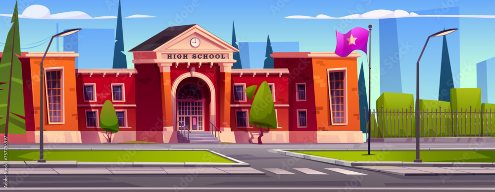 High school building in modern city. Vector cartoon illustration of educational institution brick facade with stairs, door and windows, green lawn, trees and bushes in park, cityscape under blue sky - obrazy, fototapety, plakaty 