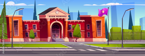 High school building in modern city. Vector cartoon illustration of educational institution brick facade with stairs, door and windows, green lawn, trees and bushes in park, cityscape under blue sky
