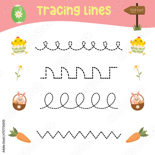 Tracing vertical lines activity for children. Tracing worksheet for kids, practising the motoric skills. Dotted Lines. Educational printable worksheet. Vector file. photo