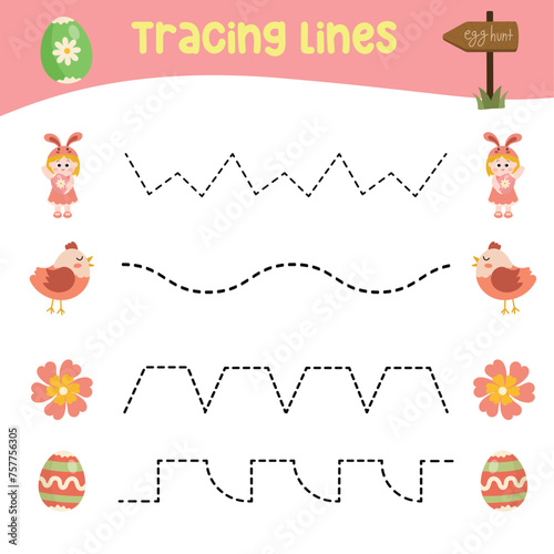 Tracing vertical lines activity for children. Tracing worksheet for kids, practising the motoric skills. Dotted Lines. Educational printable worksheet. Vector file. photo