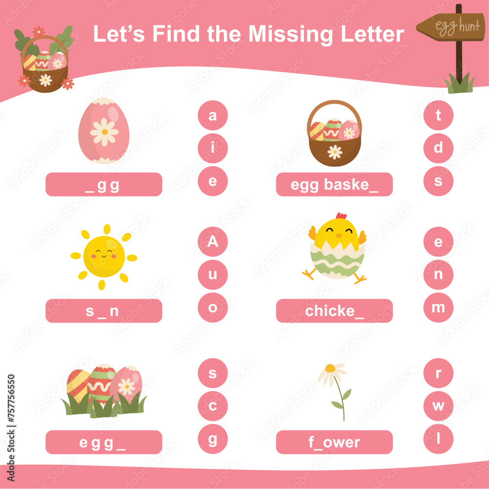 Missing letters worksheet. Complete the letters in English. Kids educational game. 