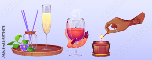 Candle aroma set for spa and oil therapy vector illustration. Isolated aromatic glass diffuser design for home. Jar with wick decoration for beauty and wellness. Relax perfume smell and lotus flower