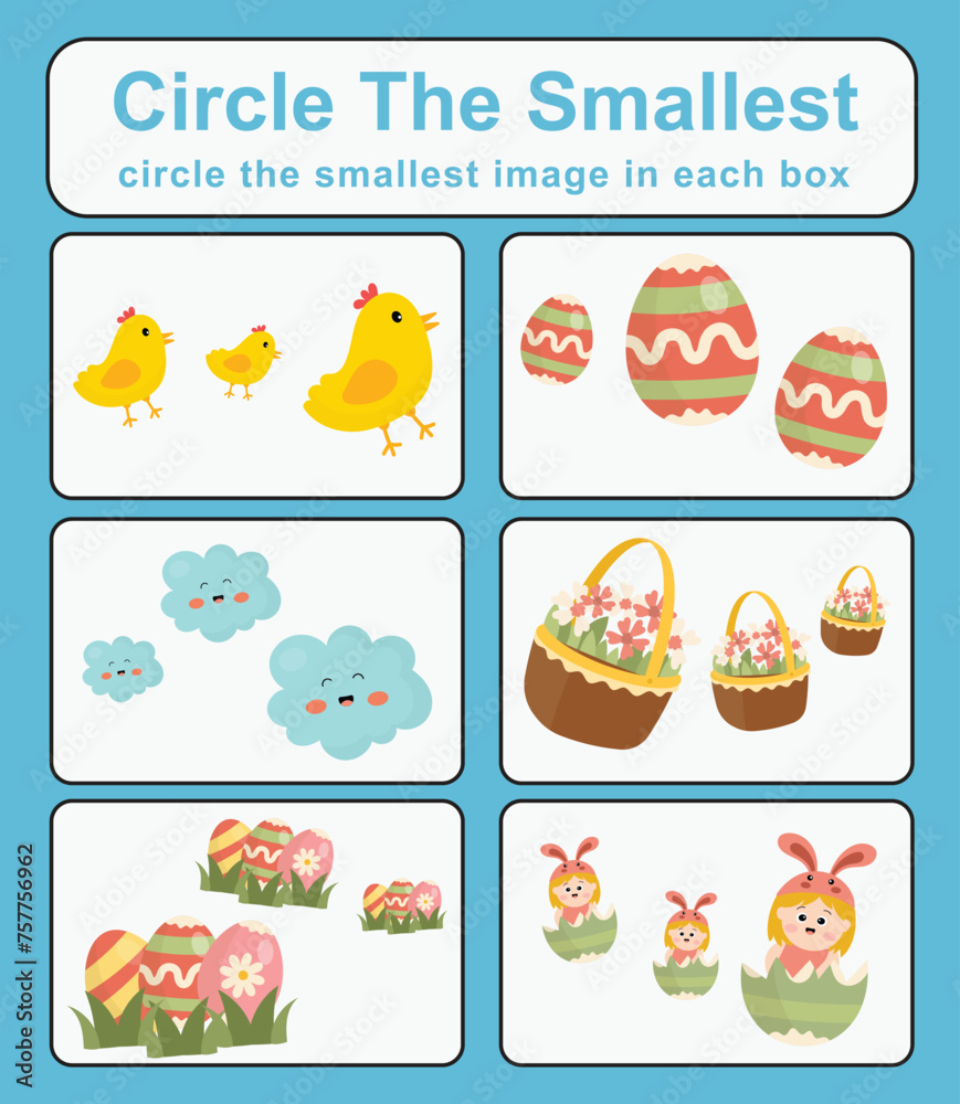 Circle the smallest worksheet. Learning about comparison. Printable activity page for kids. Educational children game. Kids activity sheet. Educational printable worksheet. Vector file.