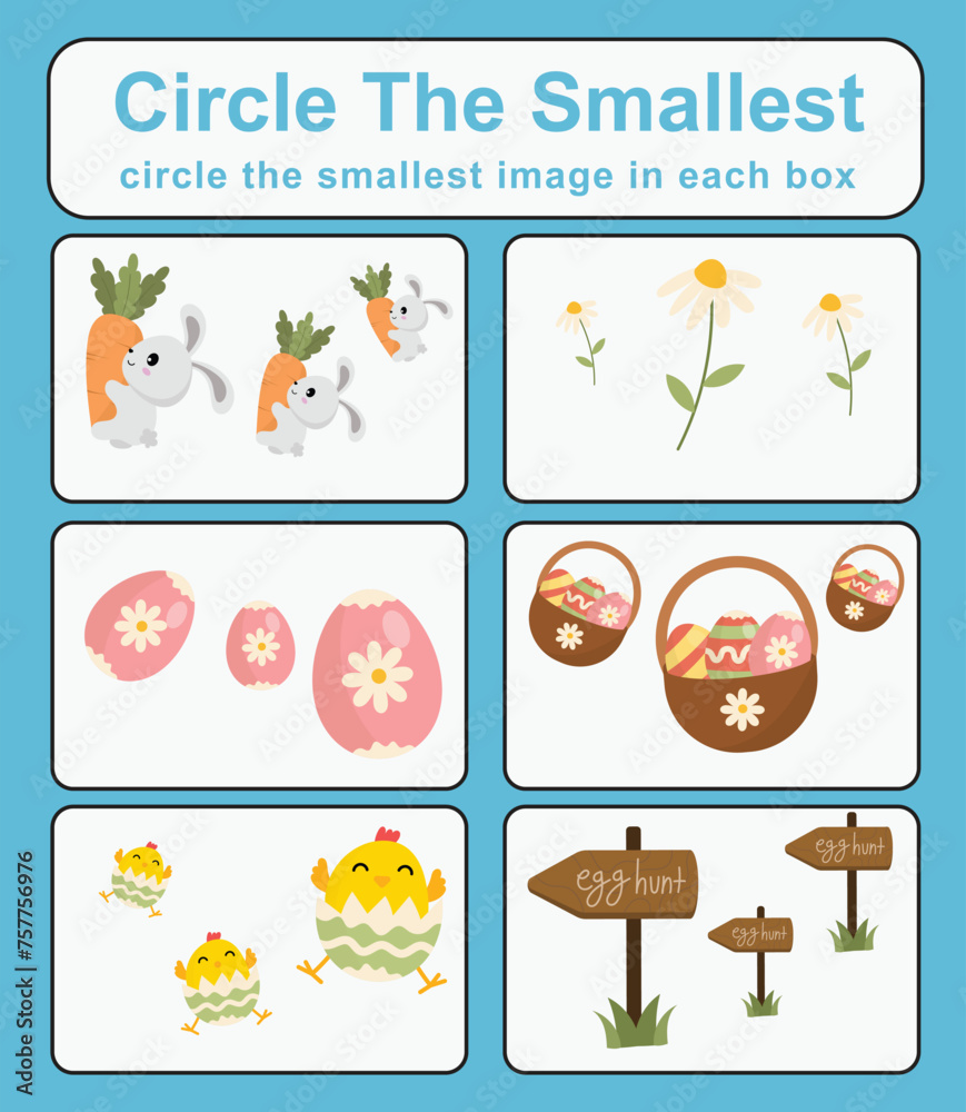 Circle the smallest worksheet. Learning about comparison. Printable activity page for kids. Educational children game. Kids activity sheet. Educational printable worksheet. Vector file. Circle the smallest worksheet. Learning about comparison. Printable activity page for kids. Educational children game. Kids activity sheet. Educational printable worksheet. Vector file.