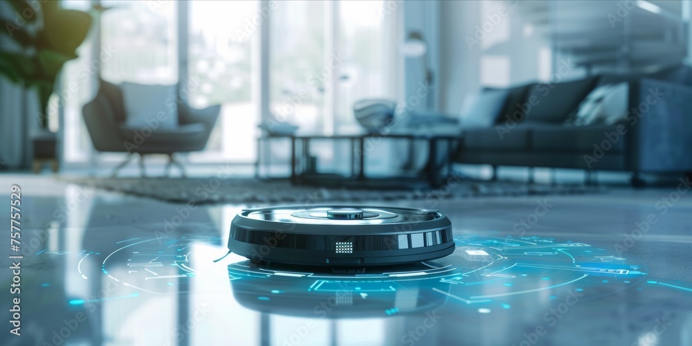 Futuristic robotic vacuum cleaner in a smart home Futuristic robotic vacuum cleaner in a smart home