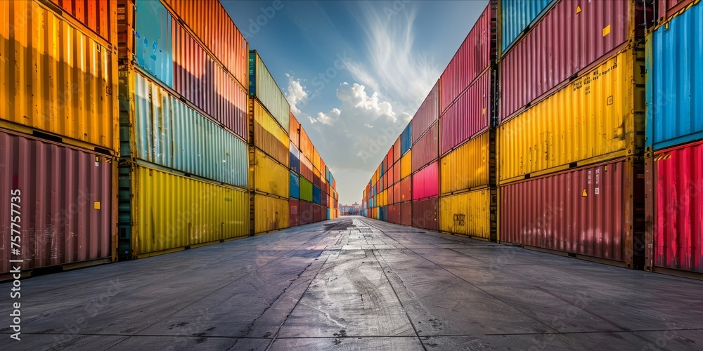 Fototapeta premium Stacked shipping containers in a cargo terminal