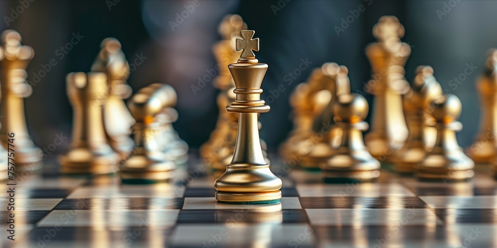 Gold king chess piece standing between pawns on a chessboard Gold king chess piece standing between pawns on a chessboard