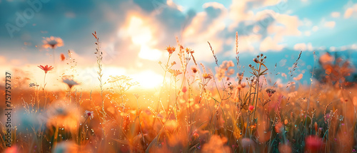 Beautiful summer landscape with colorful wildflowers and tall grass on a green meadow at sunrise or sunset against a vibrant blue sky.
