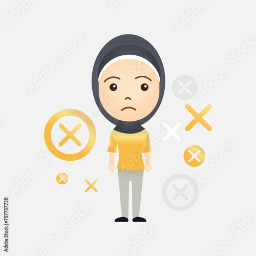 Cute Muslim cartoon girl with x or wrong symbol on isolated background
