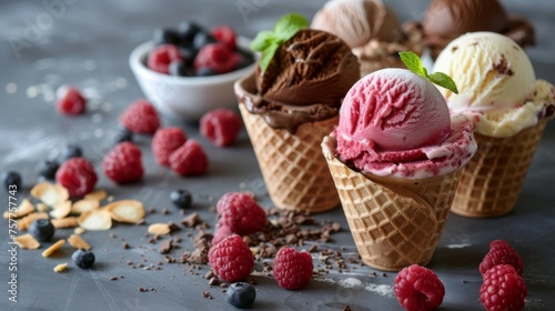 Ice cream scoops with berries. Frozen dessert. Ice cream balls in cup on grey background