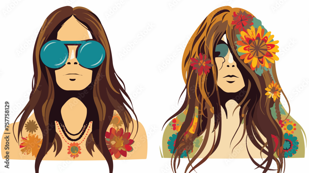 long hair hippie flat vector isolated on white back