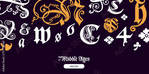 Medieval banner with Polish blackletter calligraphy on top. Ornamental frame with lettering composition pattern.