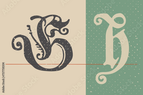 Letter H logo set. Medieval Polish blackletter calligraphy. 15th century Schwabacher Gothic type.