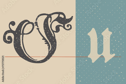 Letter U logo set. Medieval Polish blackletter calligraphy. 15th century Schwabacher Gothic type.