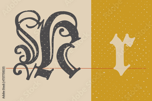 Letter R logo set. Medieval Polish blackletter calligraphy. 15th century Schwabacher Gothic type.