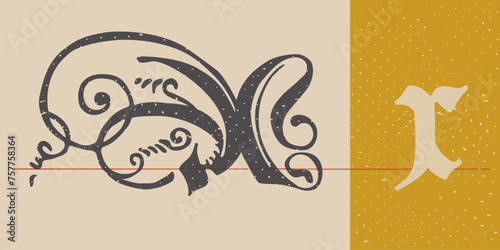 Letter X logo set. Medieval Polish blackletter calligraphy. 15th century Schwabacher Gothic type.