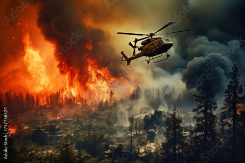 A helicopter flies over a city engulfed in flames, battling a fire emergency to prevent further destruction