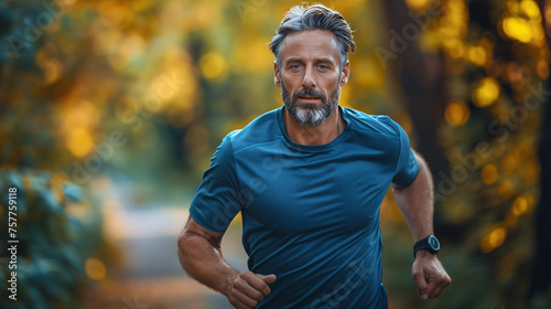 Mature Man Jogging in Sunlit Park