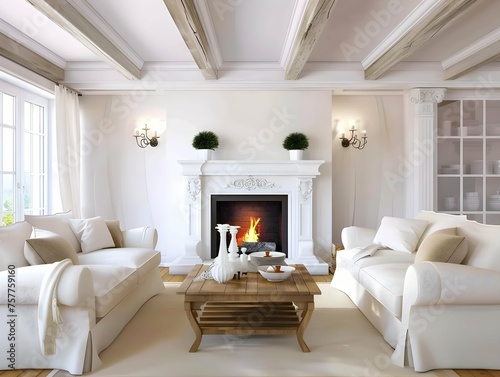 Two white sofas against fireplace. Country style home interior design of modern living room. © PSCL RDL