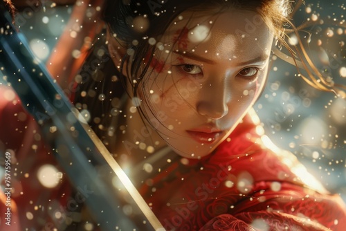 A red-robed Chinese princess with long sword, extreme close up shot 