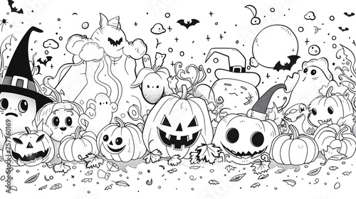 Halloween horizontal line coloring page for kids with cute kawaii characters. Black and white autumn holiday illustration with witch, vampire, ghost, pumpkin. Funny searching poster