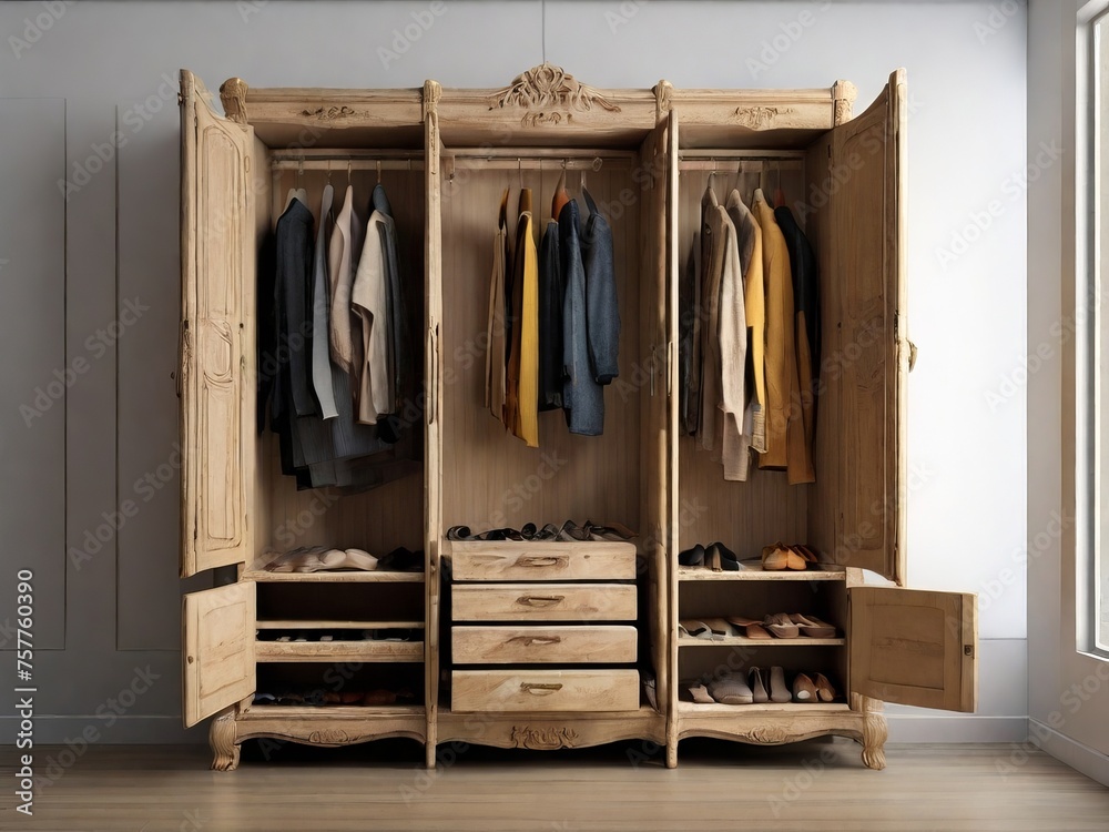 Luxurious wooden wardrobe with hanging clothes in a bright bedroom interior Luxurious wooden wardrobe with hanging clothes in a bright bedroom interior