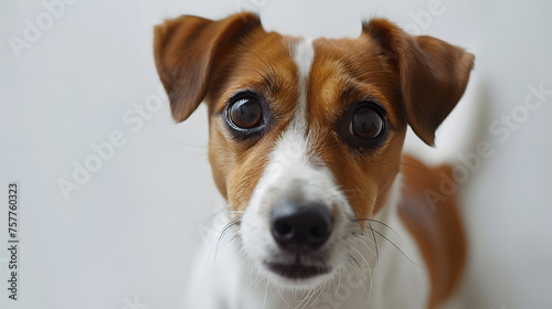A closeup of a terrier a small dog breed in the sporting group, with brown and white fur, whiskers, and a collar, looking at the camera attentively © Oleksandra