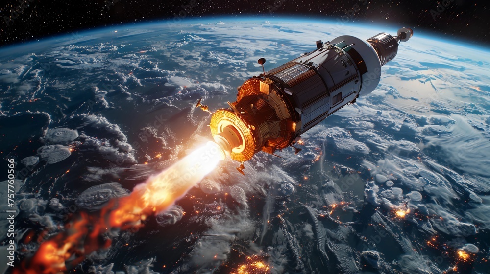 Thruster Ignition Of Orbital Spacecraft Above Earth. Advanced Space Technology And Exploration. International Day of Human Space Flight. Space Travel. AI Generated - obrazy, fototapety, plakaty 