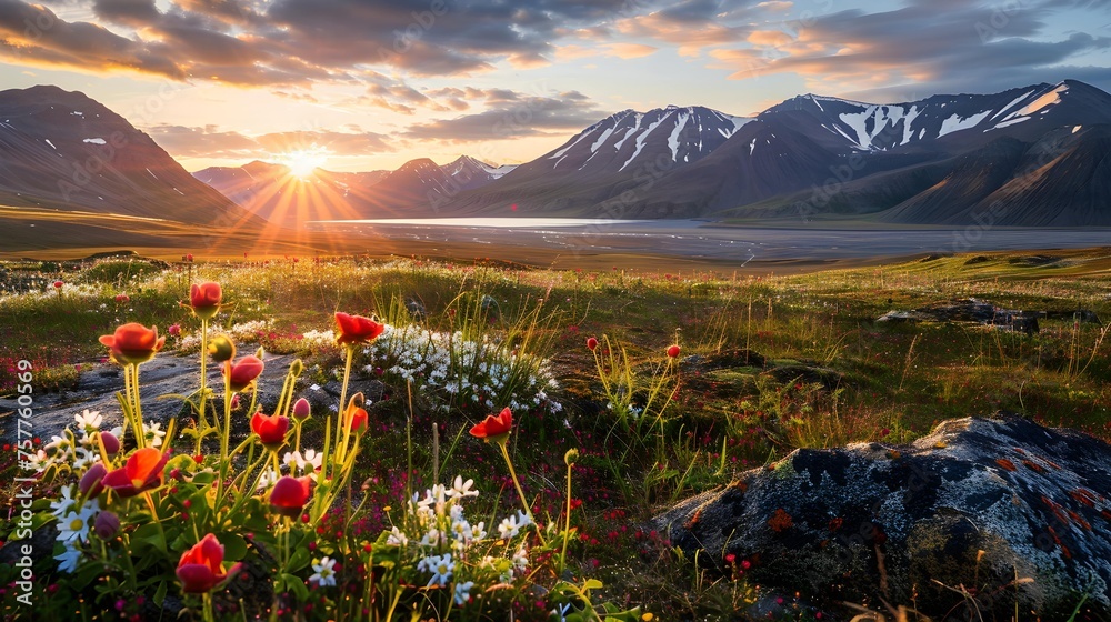 Wallpaper norway landscape nature of the mountains of Spitsbergen Longyearbyen Svalbard on a flowers polar day with arctic summer in the sunset  - obrazy, fototapety, plakaty 
