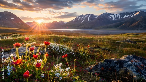 Wallpaper norway landscape nature of the mountains of Spitsbergen Longyearbyen Svalbard on a flowers polar day with arctic summer in the sunset 
