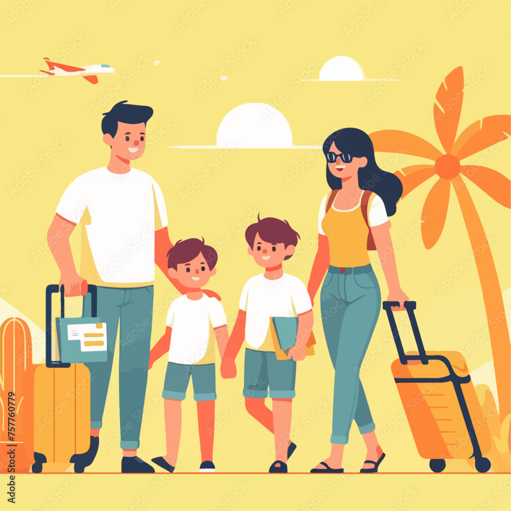Illustration of a family on vacation. orange background. flat and minimalist