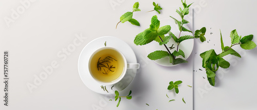 A cup of tea with a sprig of mint on top, concept of relaxation and calmness