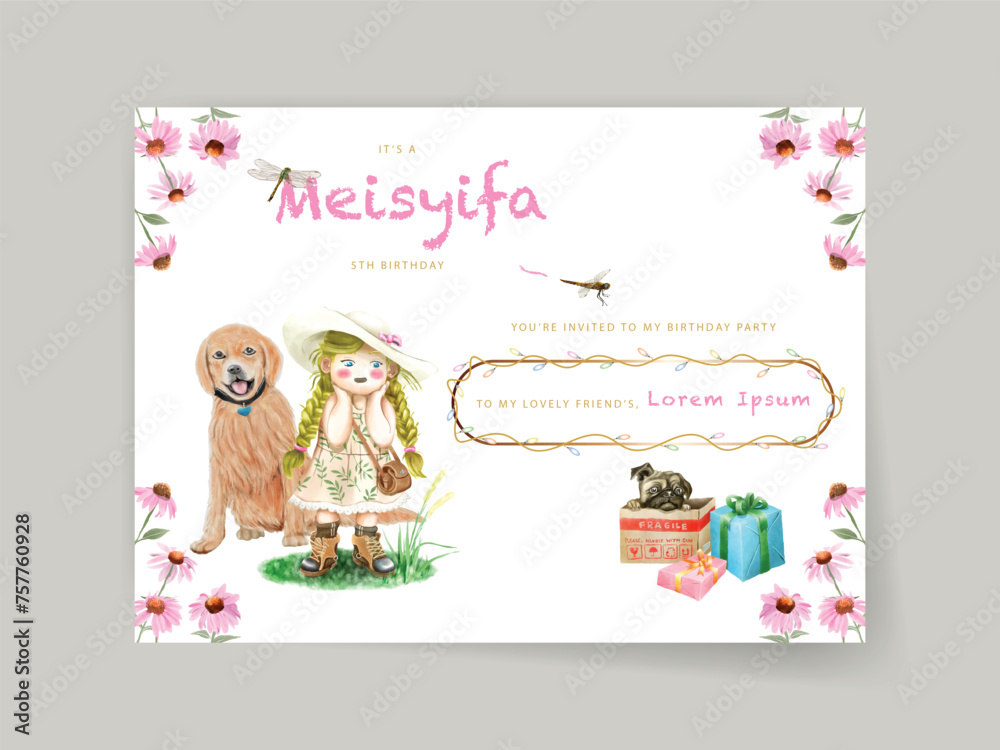 cute cartoon girl watercolor birthday invitation card