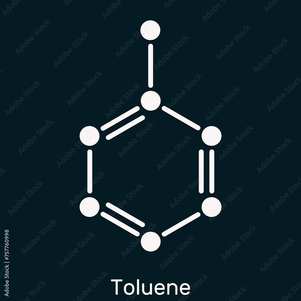 Toluene, toluol C7H8 molecule. Methylbenzene, aromatic hydrocarbon. Skeletal chemical formula on the dark blue background. Toluene, toluol C7H8 molecule. Methylbenzene, aromatic hydrocarbon. Skeletal chemical formula on the dark blue background.