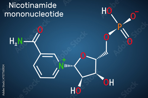 Nicotinamide mononucleotide, NMN molecule. It is naturally anti-aging metabolite, precursor of NAD+. Structural chemical formula on the dark blue background.