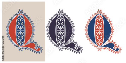 Q letter illuminated gothic monogram with naturalistic flowers ornament. German drop cap. Dark age decorative logo. Classic medieval red and blue Latin initials font based on XIV century manuscript.
