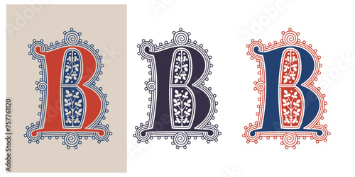 R letter illuminated gothic monogram with naturalistic flowers ornament. German drop cap. Dark age decorative logo. Classic medieval red and blue Latin initials font based on XIV century manuscript.
