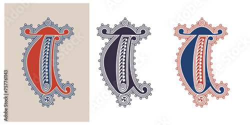 T letter illuminated gothic monogram with naturalistic flowers ornament. German drop cap. Dark age decorative logo. Classic medieval red and blue Latin initials font based on XIV century manuscript.