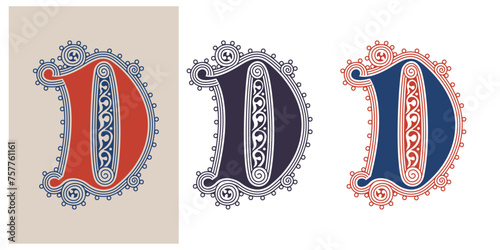 D letter illuminated gothic monogram with naturalistic flowers ornament. German drop cap. Dark age decorative logo. Classic medieval red and blue Latin initials font based on XIV century manuscript.