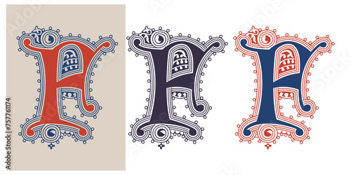F letter illuminated gothic monogram with naturalistic flowers ornament. German drop cap. Dark age decorative logo. Classic medieval red and blue Latin initials font based on XIV century manuscript.