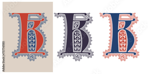 K letter illuminated gothic monogram with naturalistic flowers ornament. German drop cap. Dark age decorative logo. Classic medieval red and blue Latin initials font based on XIV century manuscript.