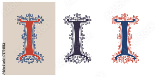 I letter illuminated gothic monogram with naturalistic flowers ornament. German drop cap. Dark age decorative logo. Classic medieval red and blue Latin initials font based on XIV century manuscript.