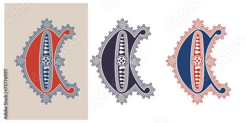 C letter illuminated gothic monogram with naturalistic flowers ornament. German drop cap. Dark age decorative logo. Classic medieval red and blue Latin initials font based on XIV century manuscript.