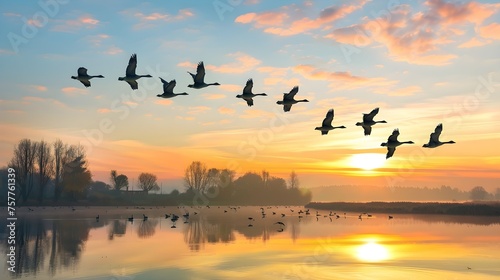 wild geese flying in V-formation over the lake, autumn sunset and landscape, goose as symbol for traveling south and season changing