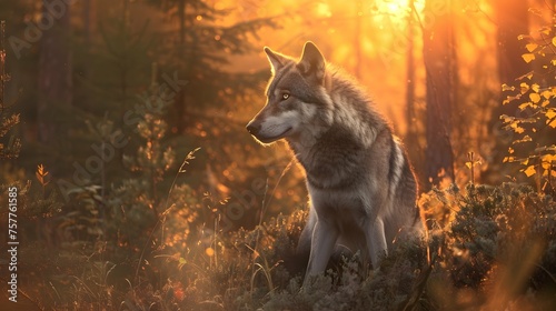 wolf in the wild during Sunrise 