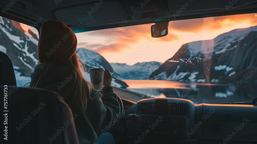 Woman on road trip traveling by rental car relaxing with coffee cup adventure lifestyle vacations vibes outdoor sunset Norway mountains view in window