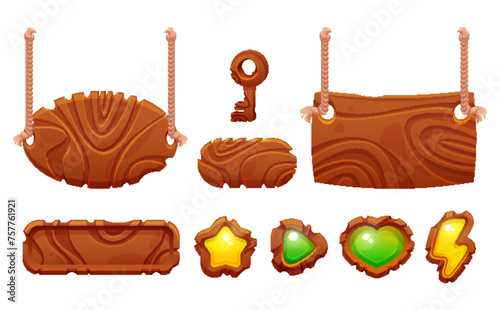 Wooden game ui design elements - oval and rectangular frames and borders hanging on rope, long buttons, wood key and achievement icons. Cartoon vector set of brown textured plates for menu interface.
